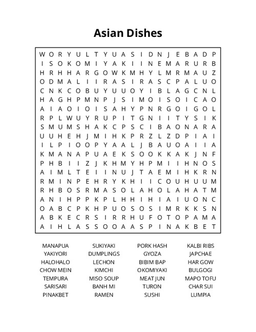 Asian Dishes Word Search Puzzle