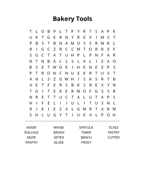 Bakery Tools Word Search Puzzle