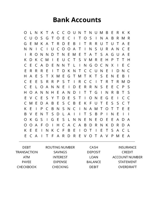 Bank Accounts Word Search Puzzle