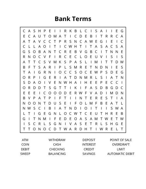 Bank Terms Word Search Puzzle