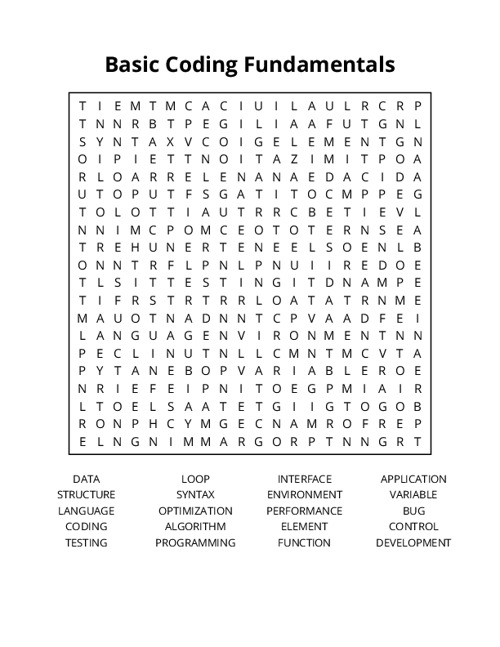 Basic Coding Fundamentals Word Search Puzzle