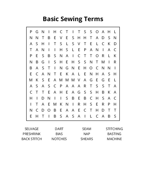 Basic Sewing Terms Word Search Puzzle