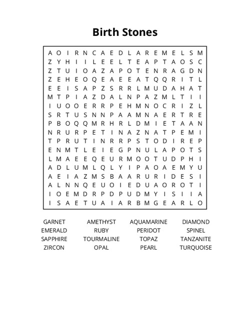 Birth Stones Word Search Puzzle