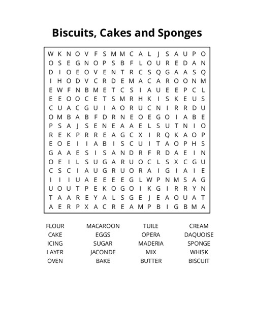 Biscuits, Cakes and Sponges Word Search Puzzle