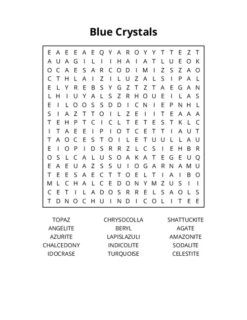 Blue Crystals Word Search Puzzle