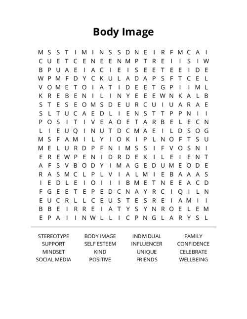 Body Image Word Search Puzzle