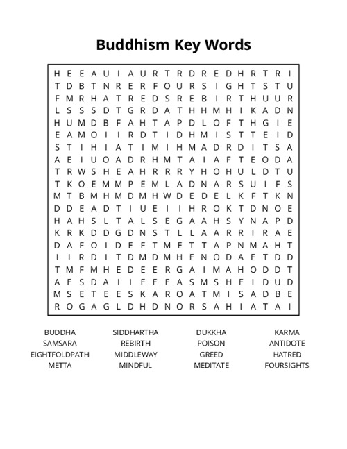 Buddhism Key Words Word Search Puzzle