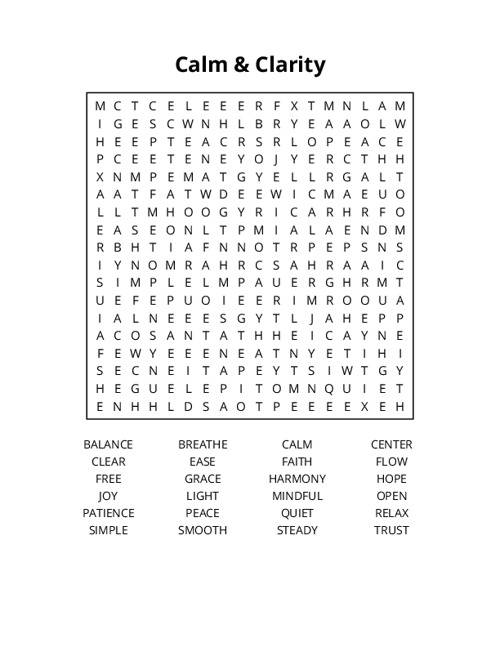 Calm & Clarity Word Search Puzzle