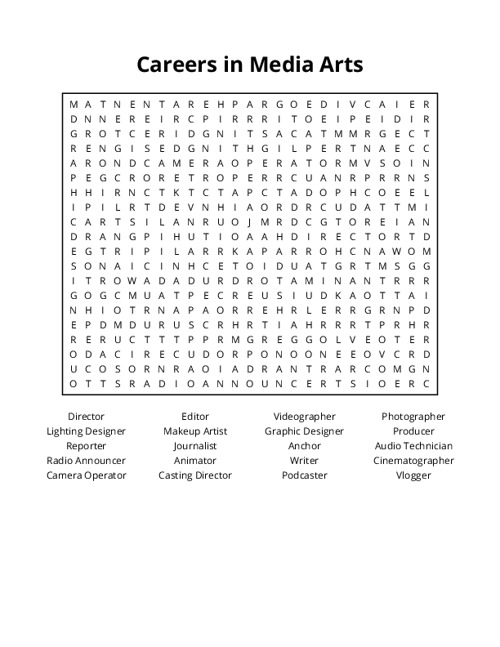 Careers in Media Arts Word Search Puzzle