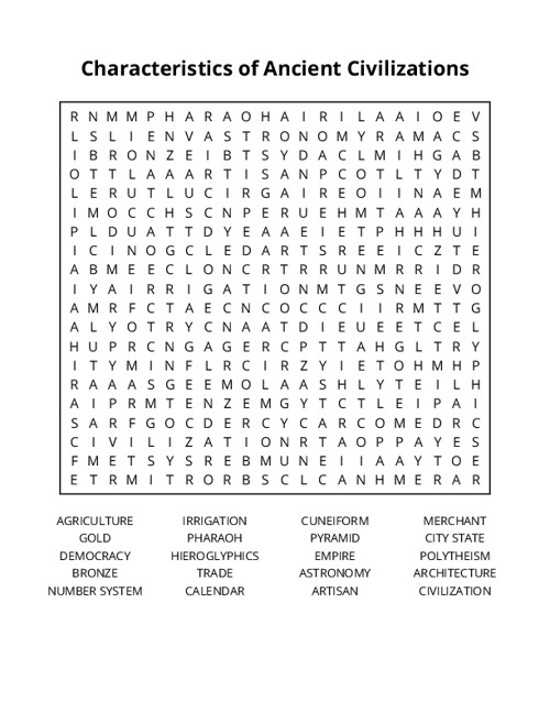 Characteristics of Ancient Civilizations n Word Search Puzzle
