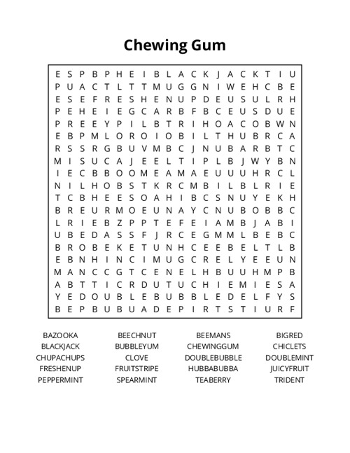 Chewing Gum Word Search Puzzle