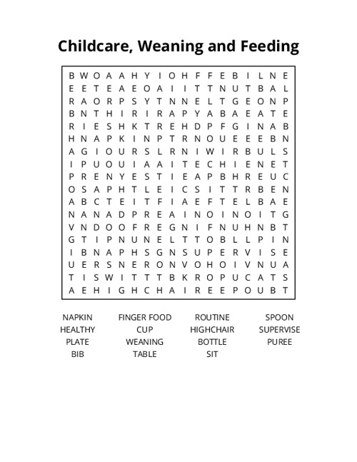 Childcare, Weaning and Feeding Word Search Puzzle