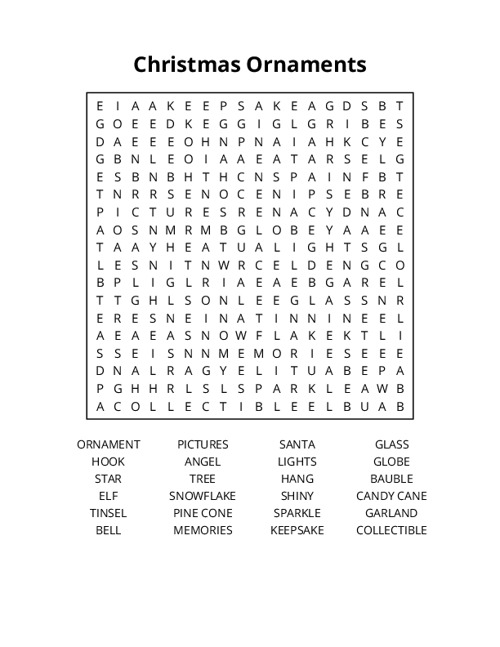 Christmas Ornaments Word Search Puzzle