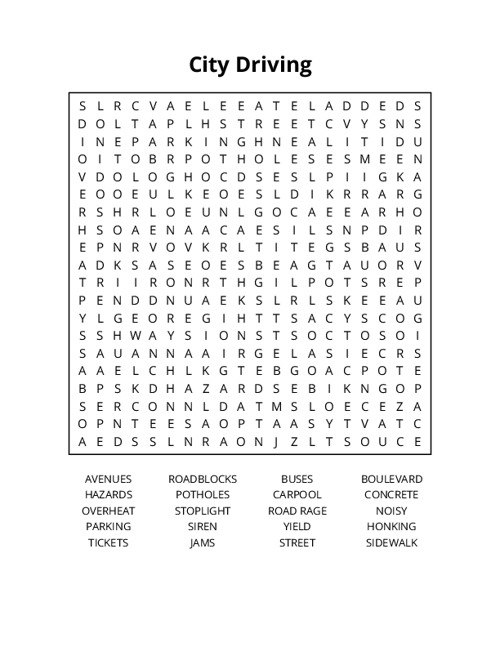 City Driving Word Search Puzzle