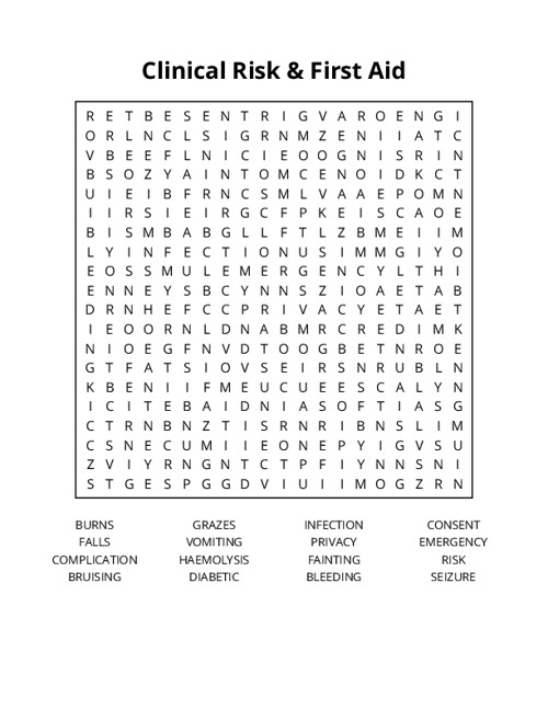 Clinical Risk & First Aid Word Search Puzzle