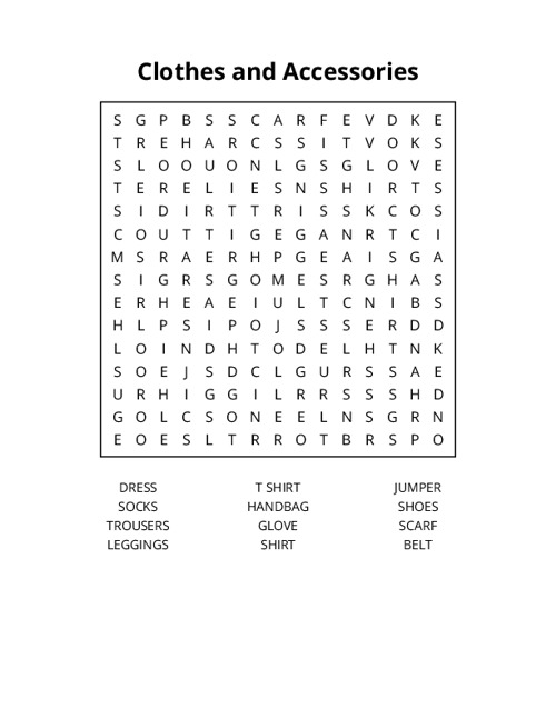 Clothes and Accessories Word Search Puzzle
