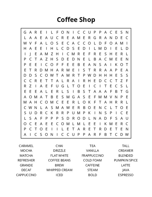 Coffee Shop Word Search Puzzle