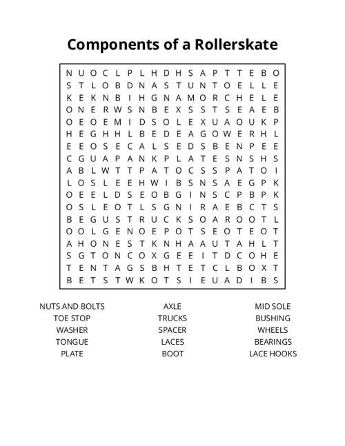 Components of a Rollerskate Word Search Puzzle