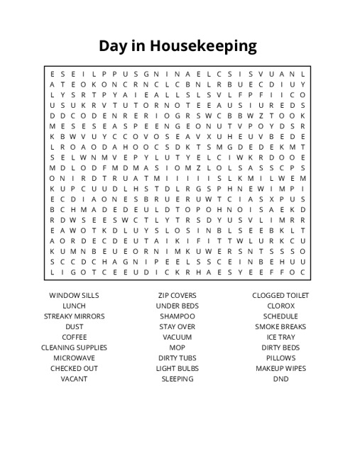 Day in Housekeeping Word Search Puzzle
