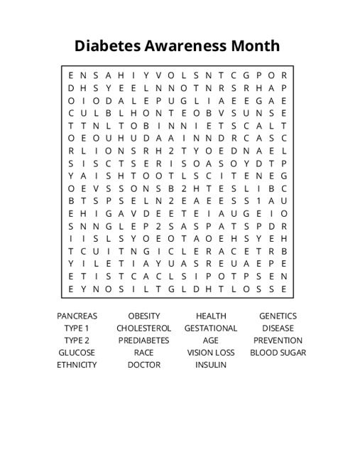 Diabetes Awareness Month Word Search Puzzle
