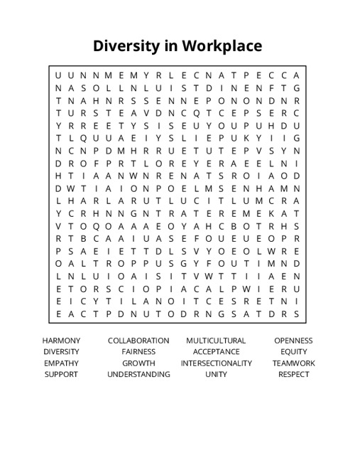 Diversity in Workplace Word Search Puzzle