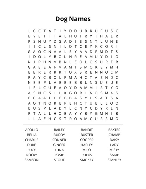Dog Names Word Search Puzzle
