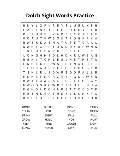 Dolch Sight Words Practice Word Search Puzzle