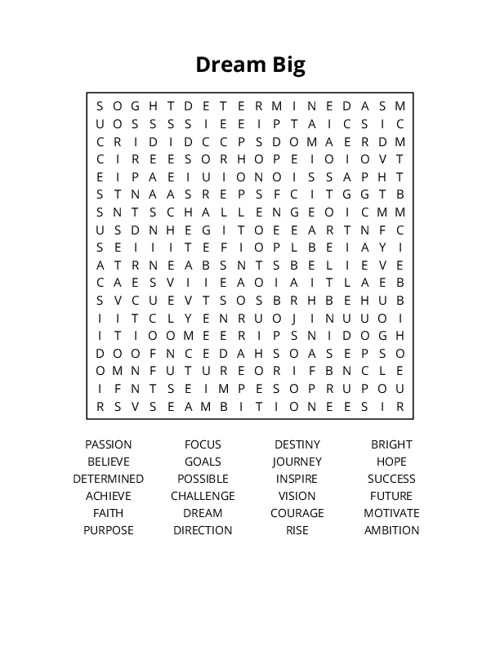 Dream Big Word Search Puzzle
