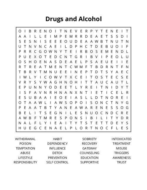 Drugs and Alcohol Word Search Puzzle