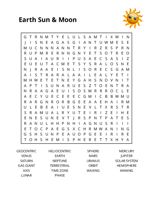 Earth Sun & Moon Word Search Puzzle