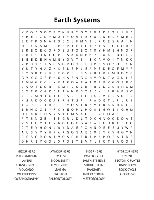 Earth Systems Word Search Puzzle