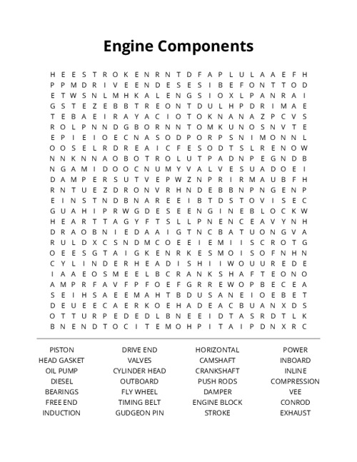 Engine Components Word Search Puzzle