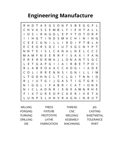 Engineering Manufacture Word Search Puzzle
