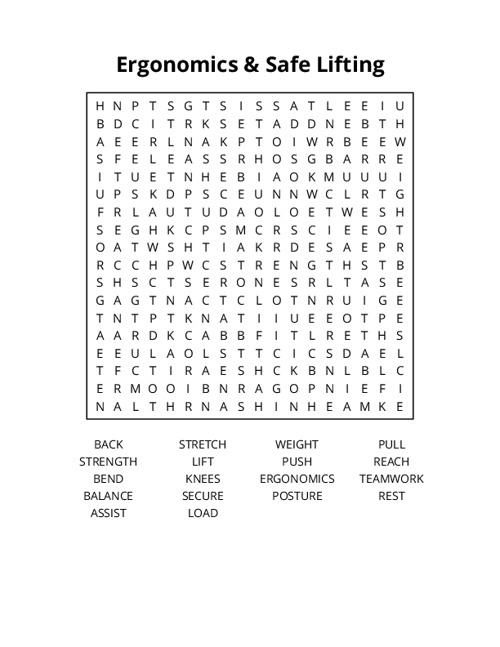 Ergonomics & Safe Lifting Word Search Puzzle