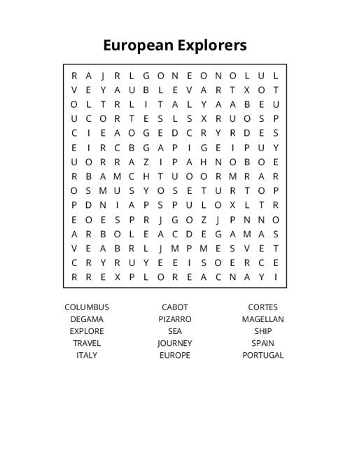 European Explorers Word Search Puzzle
