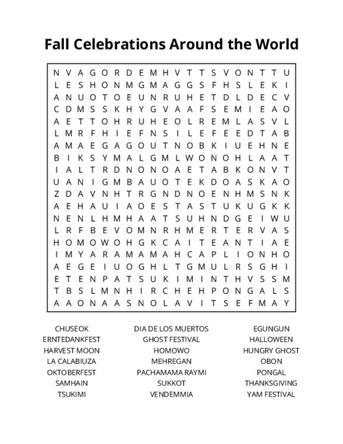 Fall Celebrations Around the World Word Search Puzzle
