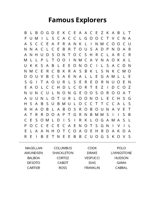 Famous Explorers Word Search Puzzle