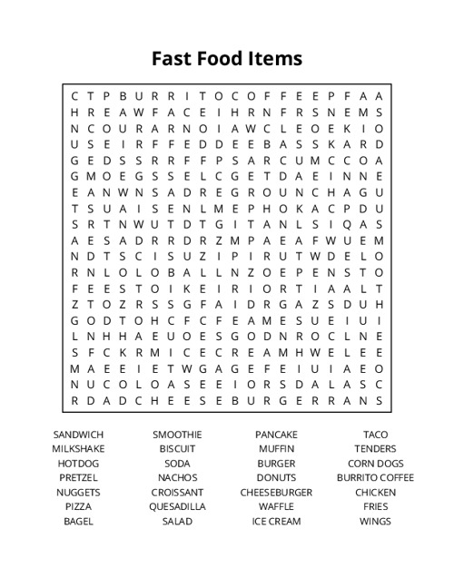 Fast Food Items Word Search Puzzle