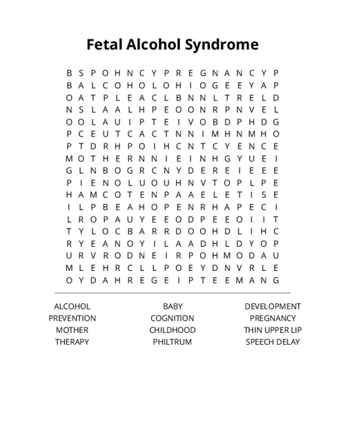 Fetal Alcohol Syndrome Word Search Puzzle