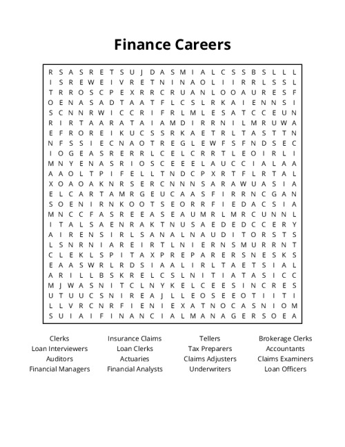 Finance Careers Word Search Puzzle