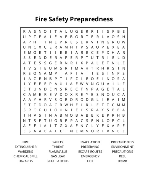 Fire Safety Preparedness Word Search Puzzle
