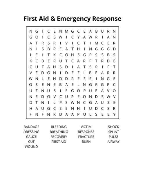 First Aid & Emergency Response Word Search Puzzle