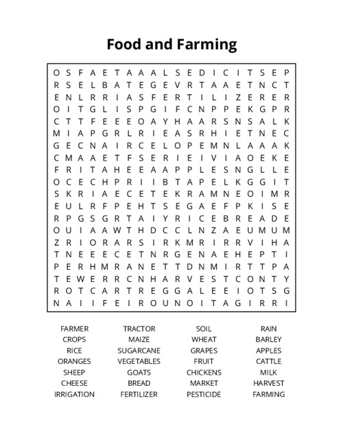 Food and Farming Word Search Puzzle