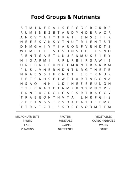 Food Groups & Nutrients Word Search Puzzle