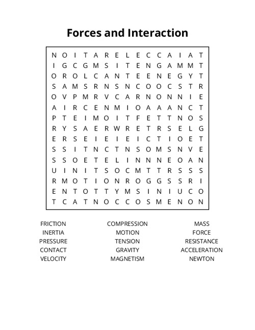 Forces and Interaction Word Search Puzzle