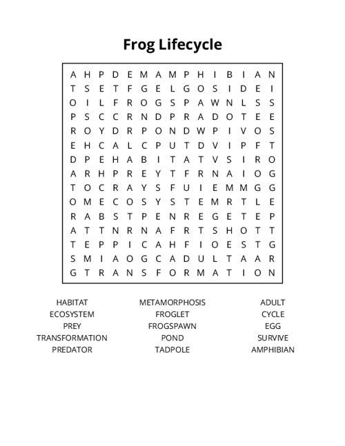 Frog Lifecycle Word Search Puzzle