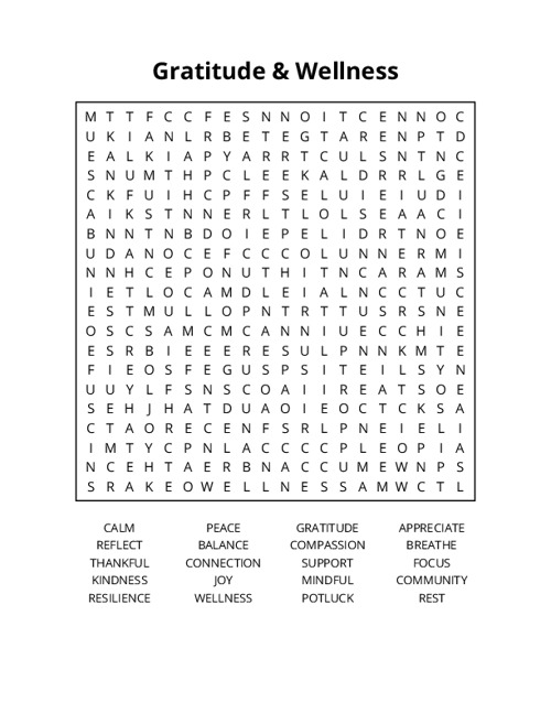 Gratitude & Wellness Word Search Puzzle