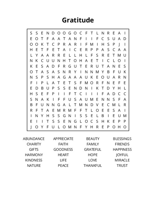 Gratitude Word Search Puzzle