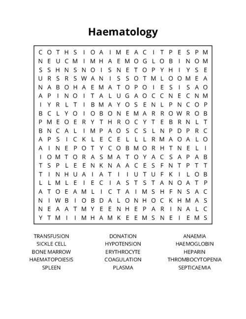 Haematology Word Search Puzzle