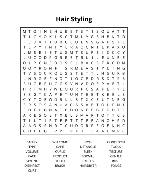 Hair Styling Word Search Puzzle